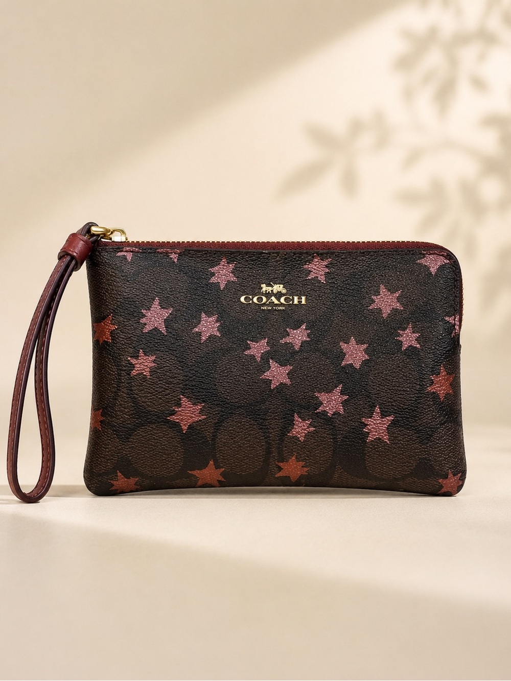 Coach Corner Zip Wristlet in Signature Canvas with Pink Stars